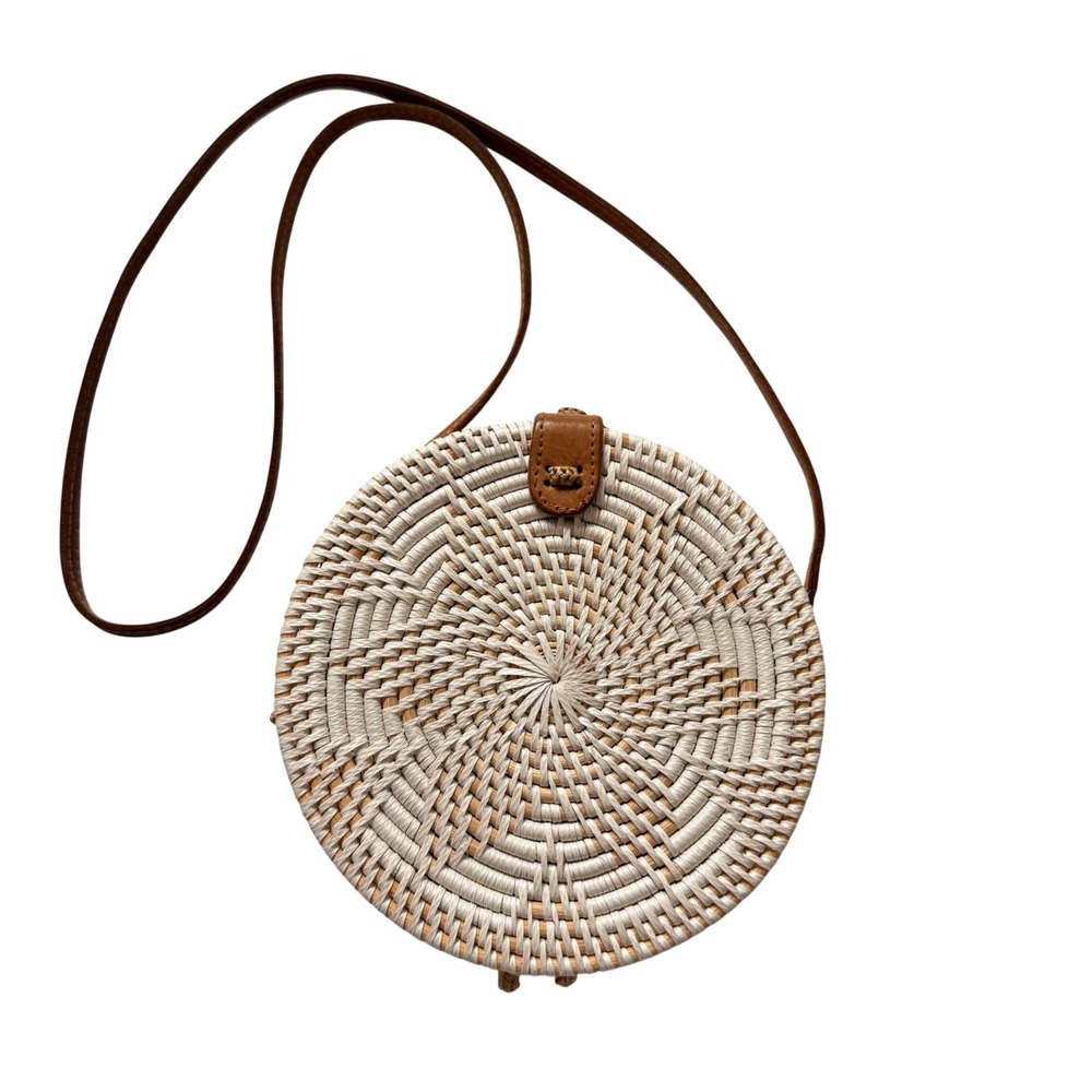 Handmade Round Rattan Crossbody Bag White Natural Woven Batik Lined Boho Purse